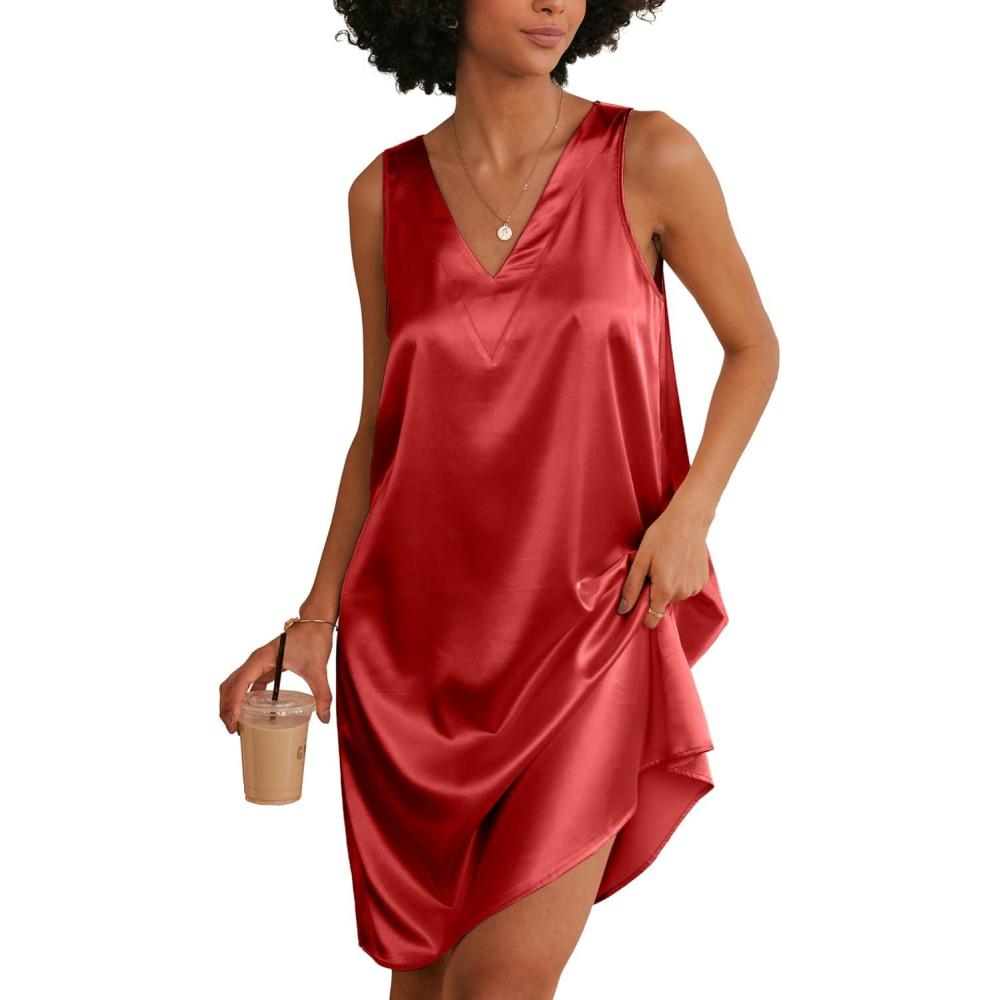 imageEkouaer Womens Satin Silk Nightgown V Neck Nightie Tank Sleepshirt Sleeveless Summer Dress Comfy LoungewearRed