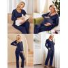 Ekouaer Maternity Nursing Pajama Set Long Sleeve Top & Pants with Pockets Breastfeeding Sleepwear Double Layer Pregnancy(Navy Blue)