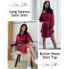 Ekouaer Women Satin Sleep Shirt Long Sleeve Nightgown Button Down Nightshirt Silk Sleepwear Soft Pajama Dress Sleep Dress(Wine Red)