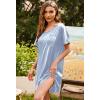 Ekouaer Women’s Satin Nightgowns V Neck Side Split Sleepshirt Short Sleeves Sleepwear Chest Pocket Nightshirt S-XXL(Blue Stripe)