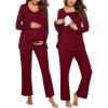 Ekouaer Maternity Nursing Pajama Set Long Sleeve Top & Pants with Pockets Breastfeeding Sleepwear Double Layer Pregnancy(A Wine Red)