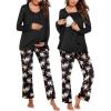 Ekouaer Maternity Nursing Pajama Set Long Sleeve Top & Pants with Pockets Breastfeeding Sleepwear Double Layer Pregnancy(Black Floral)