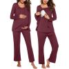 Ekouaer Maternity Nursing Pajama Set Long Sleeve Top & Pants with Pockets Breastfeeding Sleepwear Double Layer Pregnancy(Dark Red)