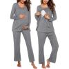 Ekouaer Maternity Nursing Pajama Set Long Sleeve Top & Pants with Pockets Breastfeeding Sleepwear Double Layer Pregnancy(Grey)