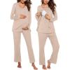 Ekouaer Maternity Nursing Pajama Set Long Sleeve Top & Pants with Pockets Breastfeeding Sleepwear Double Layer Pregnancy(Khaki)