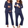 Ekouaer Maternity Nursing Pajama Set Long Sleeve Top & Pants with Pockets Breastfeeding Sleepwear Double Layer Pregnancy(Navy Blue)