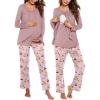 Ekouaer Maternity Nursing Pajama Set Long Sleeve Top & Pants with Pockets Breastfeeding Sleepwear Double Layer Pregnancy(Pink Beer Stripe)