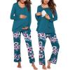 Ekouaer Maternity Nursing Pajama Set Long Sleeve Top & Pants with Pockets Breastfeeding Sleepwear Double Layer Pregnancy(Teal/Pink Floral)