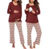 Ekouaer Maternity Nursing Pajama Set Long Sleeve Top & Pants with Pockets Breastfeeding Sleepwear Double Layer Pregnancy(Wine Beer Stripe)