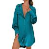 Ekouaer Women Satin Sleep Shirt Long Sleeve Nightgown Button Down Nightshirt Silk Sleepwear Soft Pajama Dress Sleep Dress(Blue Green)