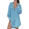 Ekouaer Women Satin Sleep Shirt Long Sleeve Nightgown Button Down Nightshirt Silk Sleepwear Soft Pajama Dress Sleep Dress(Light Blue)