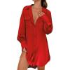 Ekouaer Women Satin Sleep Shirt Long Sleeve Nightgown Button Down Nightshirt Silk Sleepwear Soft Pajama Dress Sleep Dress(Red)