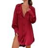 Ekouaer Women Satin Sleep Shirt Long Sleeve Nightgown Button Down Nightshirt Silk Sleepwear Soft Pajama Dress Sleep Dress(Wine Red)
