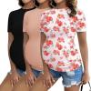 Ekouaer Womens Maternity Shirts Short Sleeve 3 Packs Crew Neck Pregnancy Tee Tops Tunic Blouse Soft Mama Clothes S-XXL(3pcs Black / Dirty Pink / Floral)