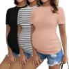 Ekouaer Womens Maternity Shirts Short Sleeve 3 Packs Crew Neck Pregnancy Tee Tops Tunic Blouse Soft Mama Clothes S-XXL(3pcs Black / Dirty Pink / White Stripe)