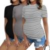 Ekouaer Womens Maternity Shirts Short Sleeve 3 Packs Crew Neck Pregnancy Tee Tops Tunic Blouse Soft Mama Clothes S-XXL(3pcs Black / Grey / White Stripe)