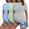 Ekouaer Womens Maternity Shirts Short Sleeve 3 Packs Crew Neck Pregnancy Tee Tops Tunic Blouse Soft Mama Clothes S-XXL(3pcs Light Grey / Light Blue / Grey Stripe)