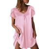 Ekouaer Women’s Satin Nightgown Short Sleeve Sleepdress V-Neck Sleepwear Loose Silk Sleepshirt(Pink)