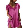 Ekouaer Women’s Satin Nightgown Short Sleeve Sleepdress V-Neck Sleepwear Loose Silk Sleepshirt(Rose Red)