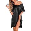 Ekouaer Women’s Satin Nightgowns V Neck Side Split Sleepshirt Short Sleeves Sleepwear Chest Pocket Nightshirt S-XXL(Black)