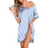 Ekouaer Women’s Satin Nightgowns V Neck Side Split Sleepshirt Short Sleeves Sleepwear Chest Pocket Nightshirt S-XXL(Blue Stripe)