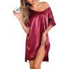 Ekouaer Women’s Satin Nightgowns V Neck Side Split Sleepshirt Short Sleeves Sleepwear Chest Pocket Nightshirt S-XXL(Wine Red)