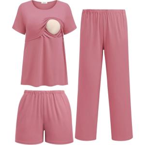 Ekouaer 3 Piece Postpartum Nursing Pajamas Set Short Sleeve Breastfeeding Shirts Pregnancy Shorts & Pants Maternity Pjs(Gray Purple)