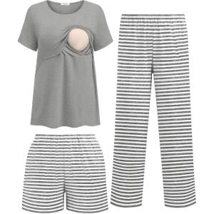 Ekouaer 3 Piece Postpartum Nursing Pajamas Set Short Sleeve Breastfeeding Shirts Pregnancy Shorts & Pants Maternity Pjs(Gray Stripes)