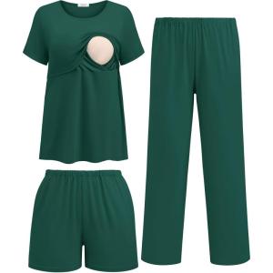 Ekouaer 3 Piece Postpartum Nursing Pajamas Set Short Sleeve Breastfeeding Shirts Pregnancy Shorts & Pants Maternity Pjs(Lake Green)