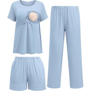 Ekouaer 3 Piece Postpartum Nursing Pajamas Set Short Sleeve Breastfeeding Shirts Pregnancy Shorts & Pants Maternity Pjs(Light Blue)