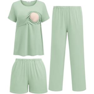 Ekouaer 3 Piece Postpartum Nursing Pajamas Set Short Sleeve Breastfeeding Shirts Pregnancy Shorts & Pants Maternity Pjs(Light Green)