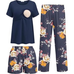 Ekouaer 3 Piece Postpartum Nursing Pajamas Set Short Sleeve Breastfeeding Shirts Pregnancy Shorts & Pants Maternity Pjs(Navy Blue Floral)