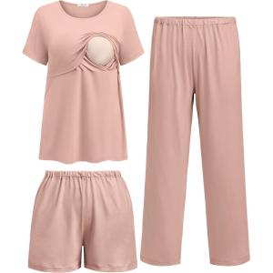 Ekouaer 3 Piece Postpartum Nursing Pajamas Set Short Sleeve Breastfeeding Shirts Pregnancy Shorts & Pants Maternity Pjs(Pink)