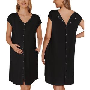 Ekouaer Labor/Delivery/Hospital Gown Nursing Nightgown Maternity Sleepwear With Pockets Postpartum Gowns with Button S-XXL(Black)