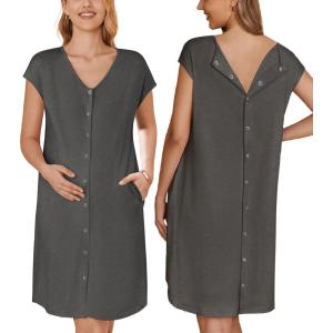 Ekouaer Labor/Delivery/Hospital Gown Nursing Nightgown Maternity Sleepwear With Pockets Postpartum Gowns with Button S-XXL(Dark Grey)