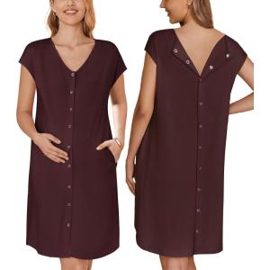 Ekouaer Labor/Delivery/Hospital Gown Nursing Nightgown Maternity Sleepwear With Pockets Postpartum Gowns with Button S-XXL(Maroon)