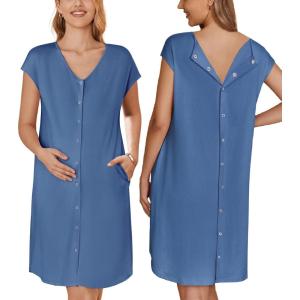 Ekouaer Labor/Delivery/Hospital Gown Nursing Nightgown Maternity Sleepwear With Pockets Postpartum Gowns with Button S-XXL(Navy Blue)