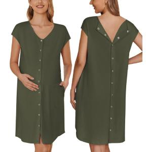 Ekouaer Labor/Delivery/Hospital Gown Nursing Nightgown Maternity Sleepwear With Pockets Postpartum Gowns with Button S-XXL(Olive Army Green)