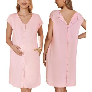 Ekouaer Labor/Delivery/Hospital Gown Nursing Nightgown Maternity Sleepwear With Pockets Postpartum Gowns with Button S-XXL(Pink)