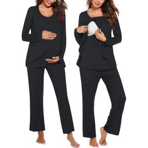 Ekouaer Maternity Nursing Pajama Set Long Sleeve Top & Pants with Pockets Breastfeeding Sleepwear Double Layer Pregnancy(A Black)