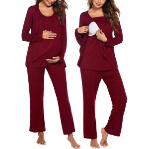 Ekouaer Maternity Nursing Pajama Set Long Sleeve Top & Pants with Pockets Breastfeeding Sleepwear Double Layer Pregnancy(A Wine Red)