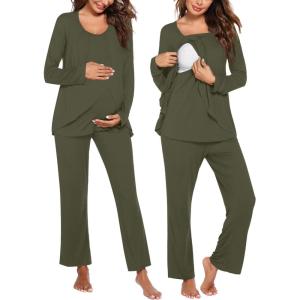 Ekouaer Maternity Nursing Pajama Set Long Sleeve Top & Pants with Pockets Breastfeeding Sleepwear Double Layer Pregnancy(Army Green)