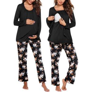 Ekouaer Maternity Nursing Pajama Set Long Sleeve Top & Pants with Pockets Breastfeeding Sleepwear Double Layer Pregnancy(Black Floral)
