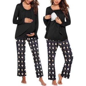 Ekouaer Maternity Nursing Pajama Set Long Sleeve Top & Pants with Pockets Breastfeeding Sleepwear Double Layer Pregnancy(Black Star Beer)
