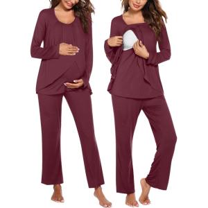 Ekouaer Maternity Nursing Pajama Set Long Sleeve Top & Pants with Pockets Breastfeeding Sleepwear Double Layer Pregnancy(Dark Red)
