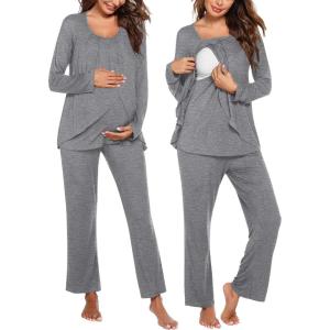 Ekouaer Maternity Nursing Pajama Set Long Sleeve Top & Pants with Pockets Breastfeeding Sleepwear Double Layer Pregnancy(Grey)