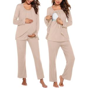 Ekouaer Maternity Nursing Pajama Set Long Sleeve Top & Pants with Pockets Breastfeeding Sleepwear Double Layer Pregnancy(Khaki)