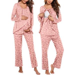 Ekouaer Maternity Nursing Pajama Set Long Sleeve Top & Pants with Pockets Breastfeeding Sleepwear Double Layer Pregnancy(Leopard Pink)