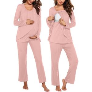 Ekouaer Maternity Nursing Pajama Set Long Sleeve Top & Pants with Pockets Breastfeeding Sleepwear Double Layer Pregnancy(Misty Pink)