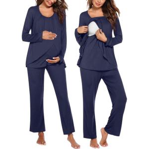 Ekouaer Maternity Nursing Pajama Set Long Sleeve Top & Pants with Pockets Breastfeeding Sleepwear Double Layer Pregnancy(Navy Blue)